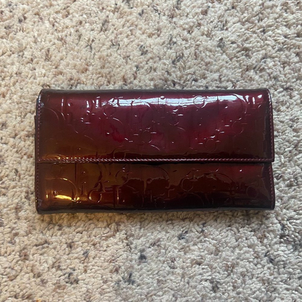 Dior Burgundy Patent Leather Logo Ultimate Continental Wallet